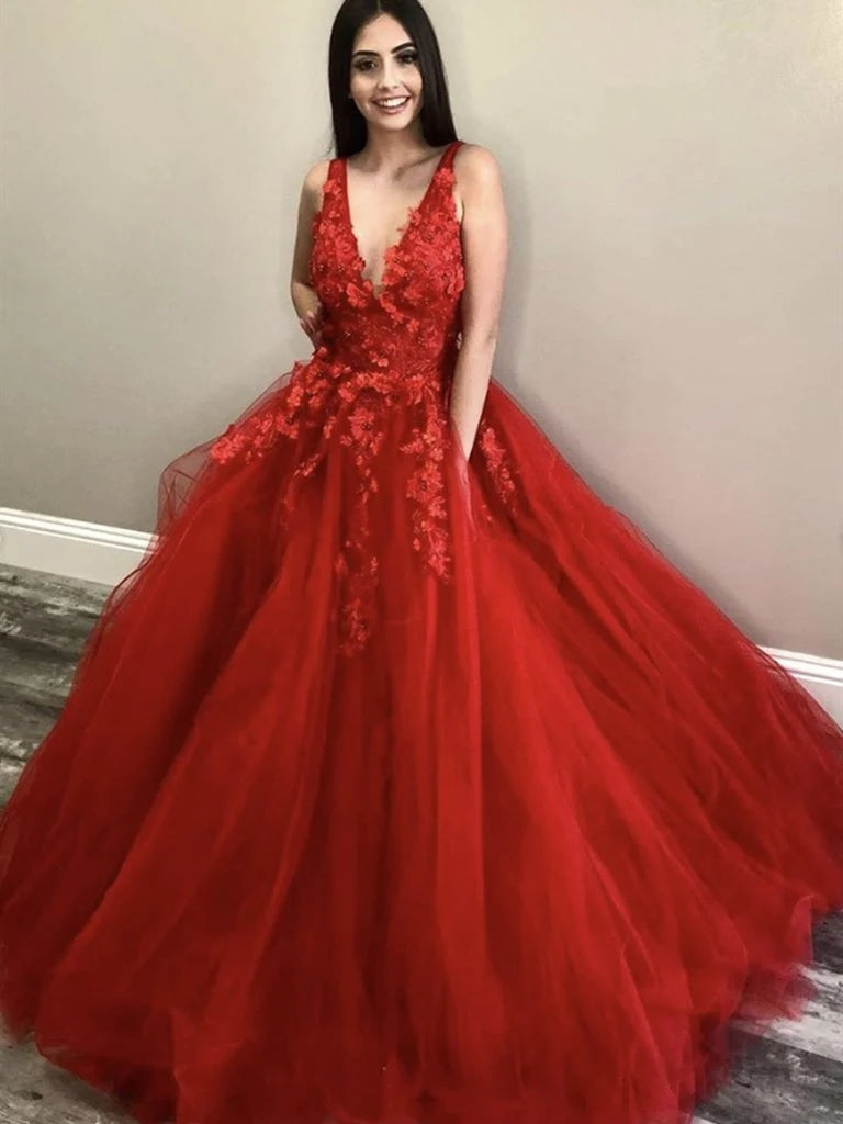 A Line 2025 Red Lace Floral Prom Dresses Tulle V Neck Long Evening Dress Custom Color / US16W A Line 2025 Red Lace Floral Prom Dresses Tulle V Neck Long Evening Dress Custom Color / US16W