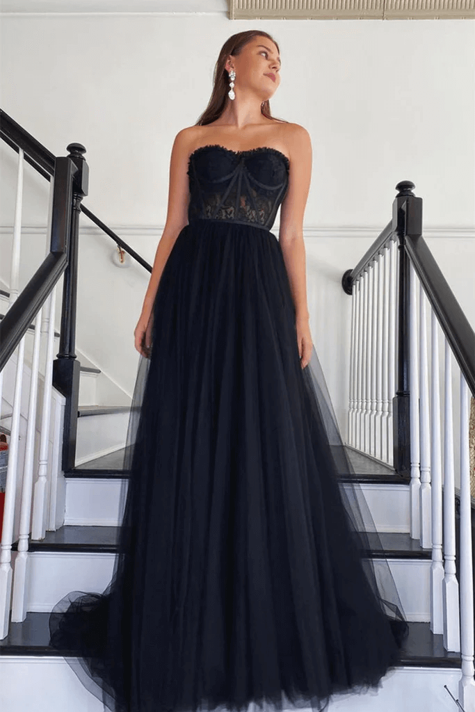 A Line Black Lace 2025 Prom Dress Tulle Strapless Long Formal Dresses UK Black / US14 A Line Black Lace 2025 Prom Dress Tulle Strapless Long Formal Dresses UK Black / US14