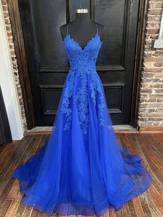 A Line Blue Lace Prom Dresses 2025 Cheap V Neck Formal Dresses A Line Blue Lace Prom Dresses 2025 Cheap V Neck Formal Dresses