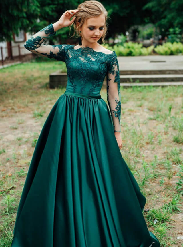 A-Line Green Long Sleeve Prom Dresses Satin Off the Shoulder Appliques Green / US6 A-Line Green Long Sleeve Prom Dresses Satin Off the Shoulder Appliques Green / US6