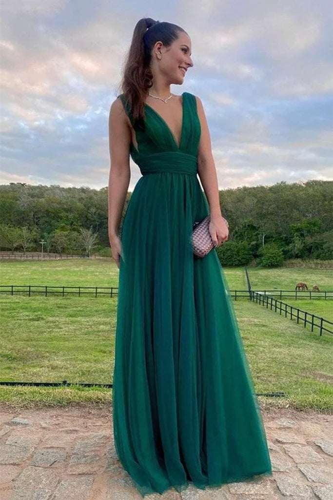 A Line Green Tulle Long Prom Dresses V Neck Formal Wedding Guest
