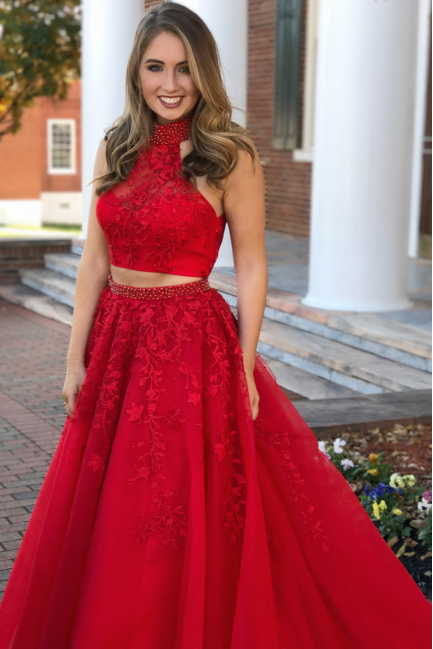 A Line Halter Lace Red Piece Prom Dresses Tulle Evening Gown