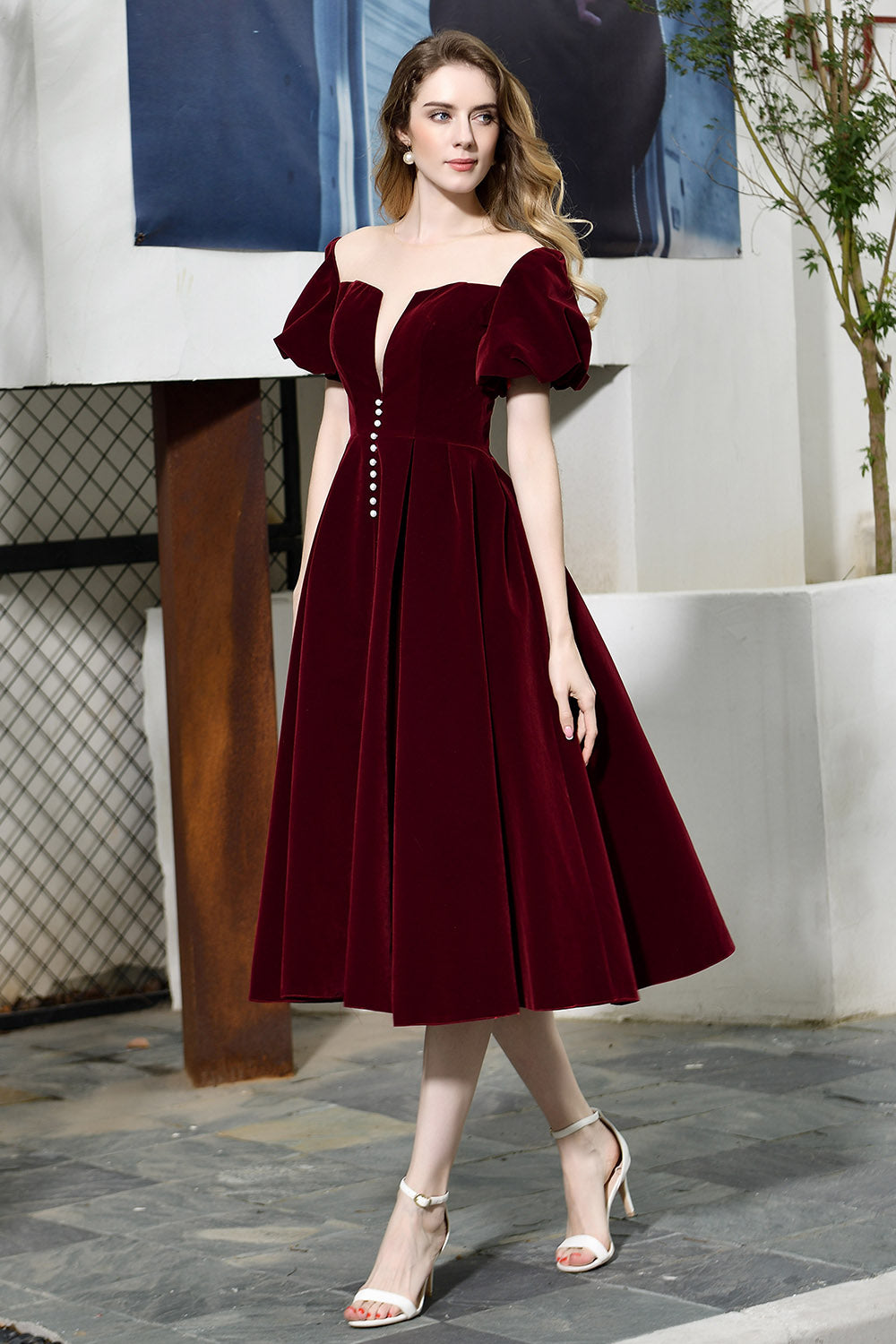 A Line Jewel Velvet Wine Prom Dresses Short Sleeves – MyChicDress A Line Jewel Velvet Wine Prom Dresses Short Sleeves – MyChicDress