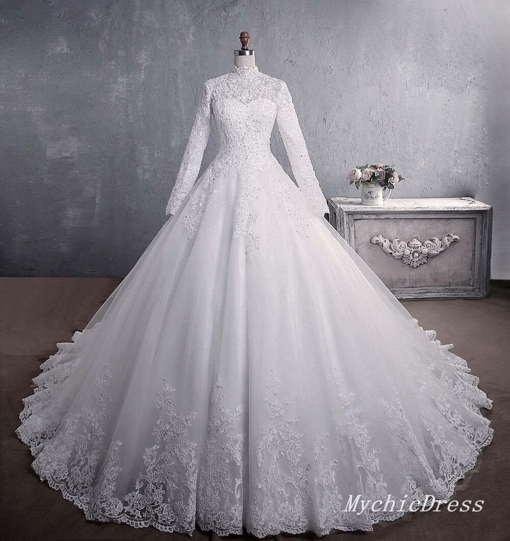 A Line Lace Applique Long Sleeves High Neck Muslim Wedding Dresses US8 / Custom Color A Line Lace Applique Long Sleeves High Neck Muslim Wedding Dresses US8 / Custom Color