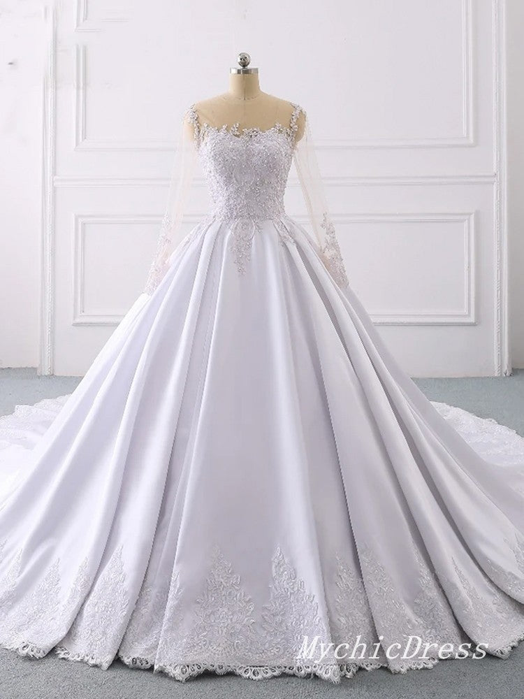 A Line Lace Applique Satin Wedding Dresses Long Sleeves with Button US6 / Same as Picture A Line Lace Applique Satin Wedding Dresses Long Sleeves with Button US6 / Same as Picture