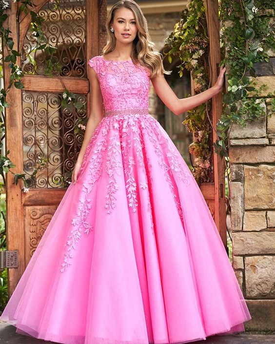 A Line Lace Prom Dresses UK 2025 with Beaded Belt Long Jewel Evening Dress Pink / US14 A Line Lace Prom Dresses UK 2025 with Beaded Belt Long Jewel Evening Dress Pink / US14