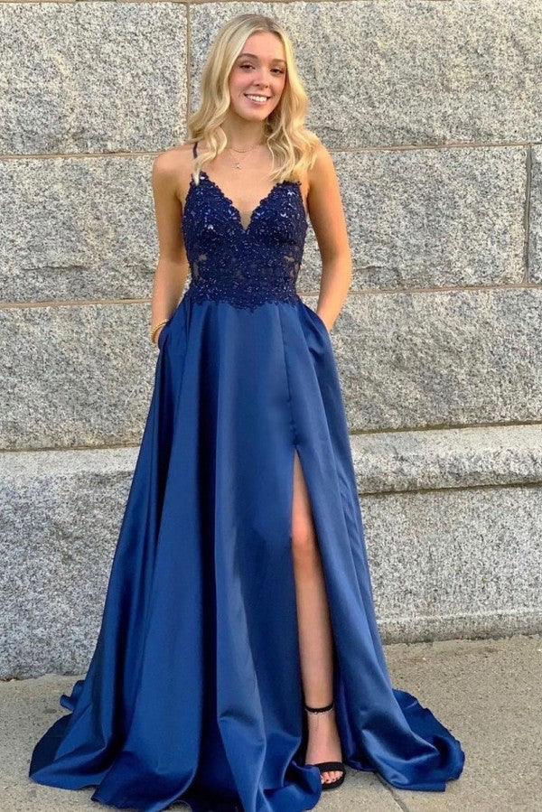 A Line Lace Satin Navy Blue Prom Dresses V Neck Spaghetti Straps MyChicDress A Line Lace Satin Navy Blue Prom Dresses V Neck Spaghetti Straps MyChicDress