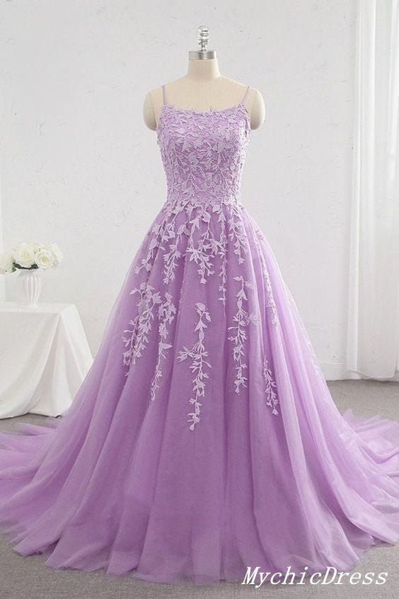A Line Lace Lilac Prom Dresses Spaghetti Straps Applique Long Evening Dress Lilac / US4 A Line Lace Lilac Prom Dresses Spaghetti Straps Applique Long Evening Dress Lilac / US4