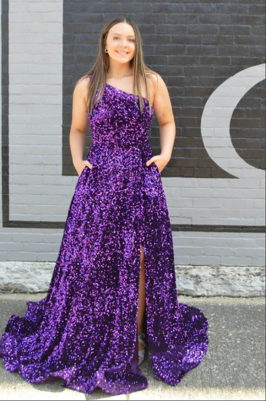 Purple Sequin Prom Dress with Slit One Shoulder Formal Dresses FD2973 Purple / US20W Purple Sequin Prom Dress with Slit One Shoulder Formal Dresses FD2973 Purple / US20W