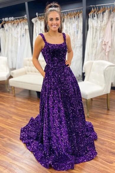 A-Line Purple Sequin Prom Dresses Square Neck Backless Long Formal