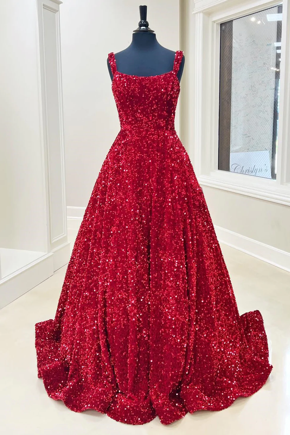 A-Line Red Sequin Quince Dresses Square Neck Backless Long Prom Dresse MyChicDress A-Line Red Sequin Quince Dresses Square Neck Backless Long Prom Dresse MyChicDress