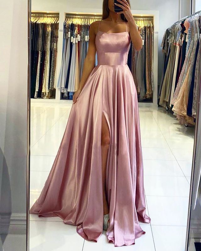 A Line Satin Blush Pink Prom Dresses Cross Back Split Side Blush Pink / US6 A Line Satin Blush Pink Prom Dresses Cross Back Split Side Blush Pink / US6