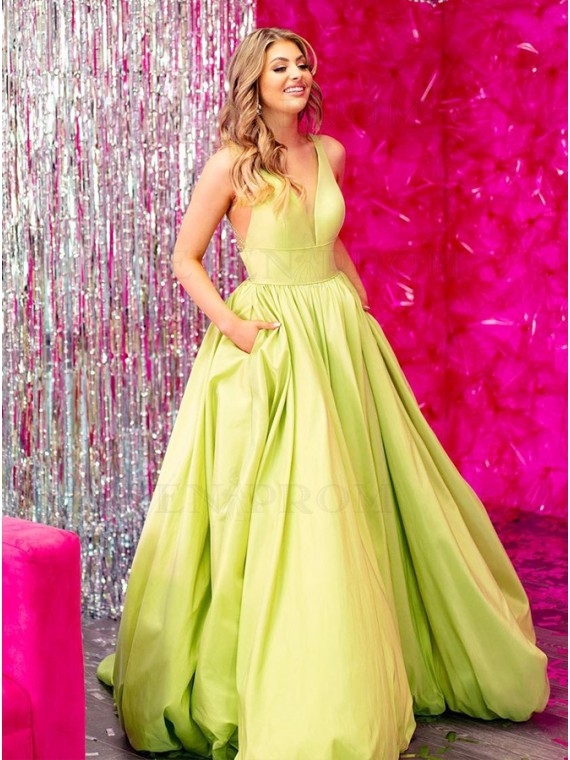 Una línea de vestidos de fiesta de satén amarillo con cuello en V larg – MyChicDress Una línea de vestidos de fiesta de satén amarillo con cuello en V larg – MyChicDress