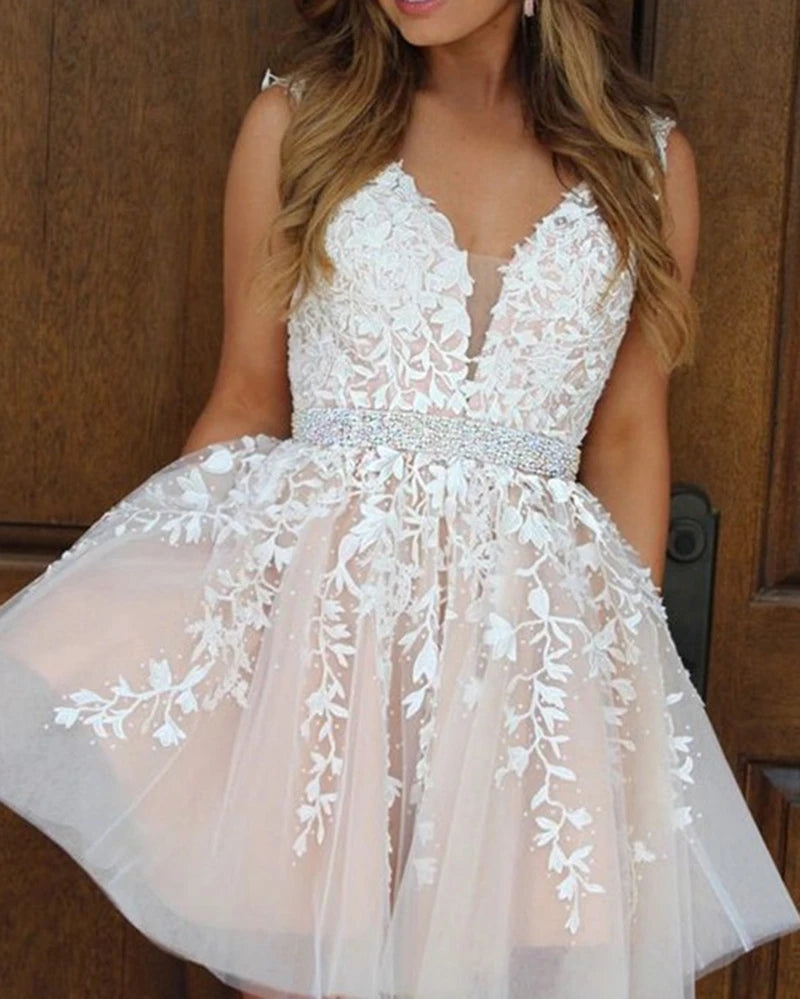 A Line Short Lace Prom Dresses with Beading Belt – MyChicDress