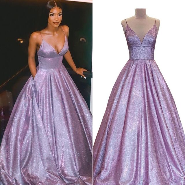 A Line Spaghetti Strap Pink Glitter Metallic Prom Dresses With Pockets A Line Spaghetti Strap Pink Glitter Metallic Prom Dresses With Pockets