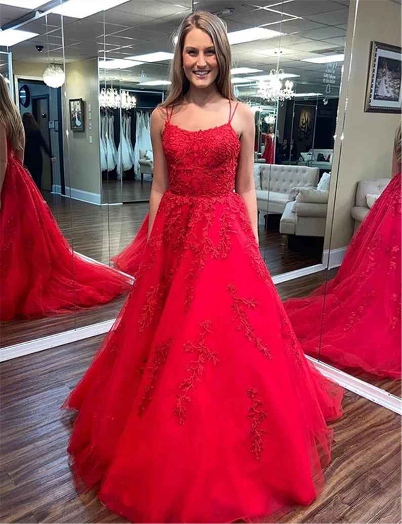 red lace spaghetti strap prom dress Spaghetti Straps Lace Appliques Red Long Prom Dresses PSK530 US12 / Custom Color