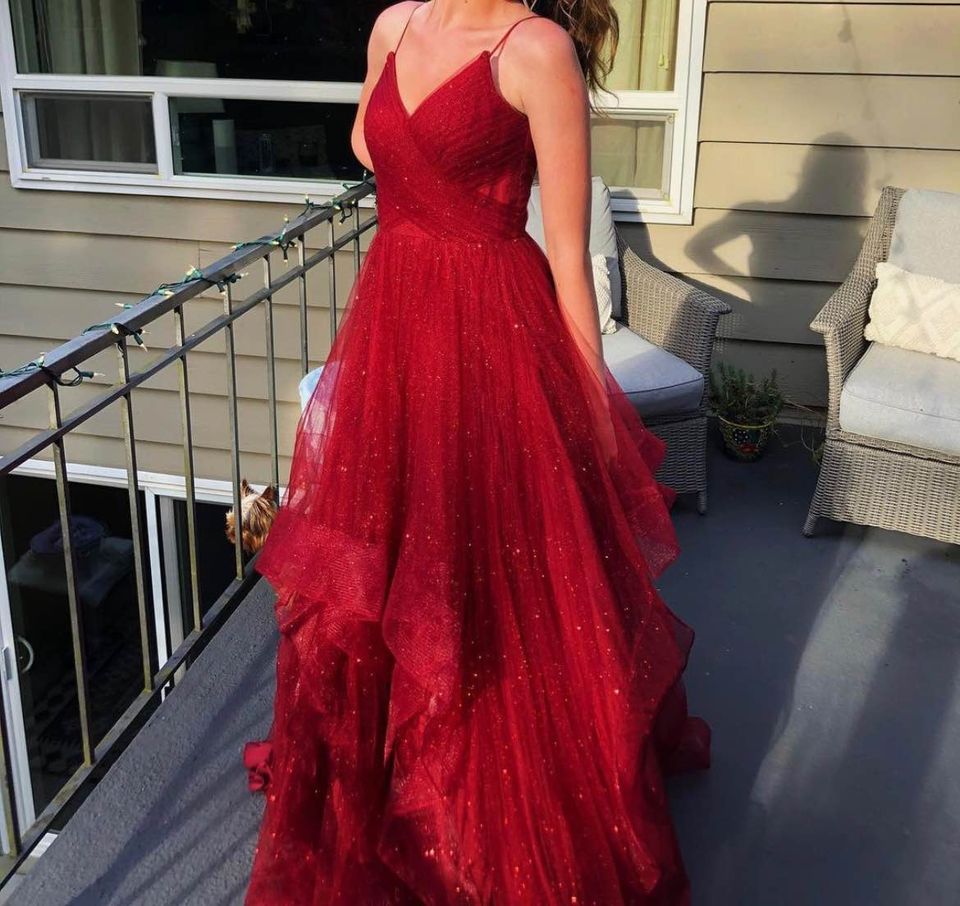 A Line Spaghetti Straps Sparkly 2025 Red Tulle Prom Dresses Red / US4 A Line Spaghetti Straps Sparkly 2025 Red Tulle Prom Dresses Red / US4