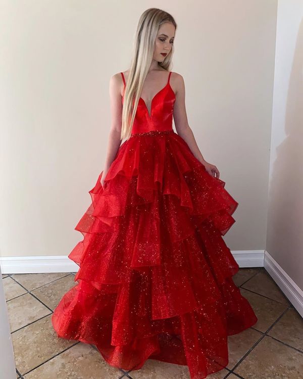 Dresses 2025 Cheap Red Formal Dresses A Line Sparkly Ball Gown Red Prom Dresses 2025 Ruffled Dresses 2025 Cheap Red Formal Dresses A Line Sparkly Ball Gown Red Prom Dresses 2025 Ruffled