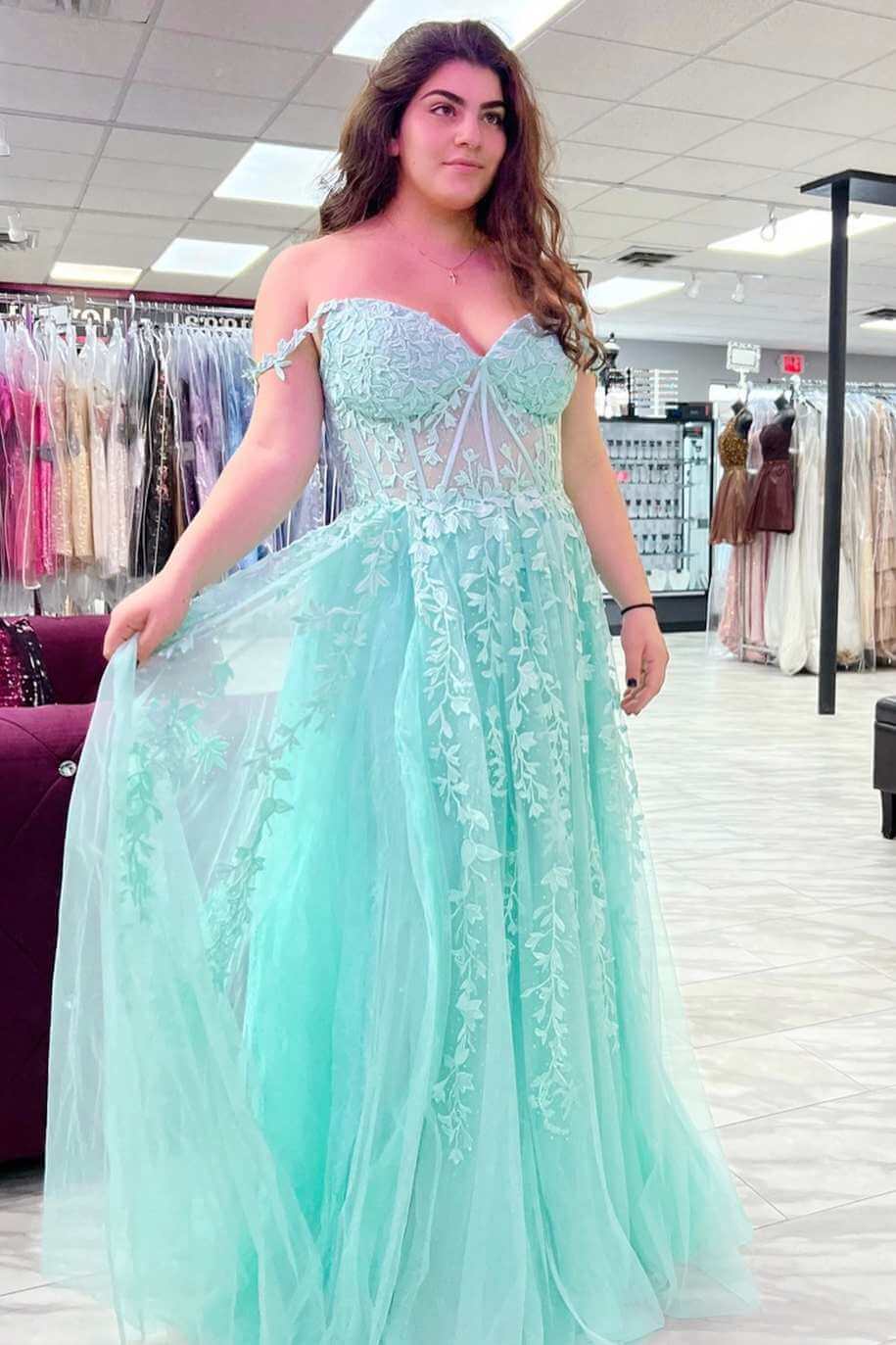 A-Line Tulle Floral Plus Size Lace Prom Dresses Applique Off-The-Shoulder Blue / US16W A-Line Tulle Floral Plus Size Lace Prom Dresses Applique Off-The-Shoulder Blue / US16W