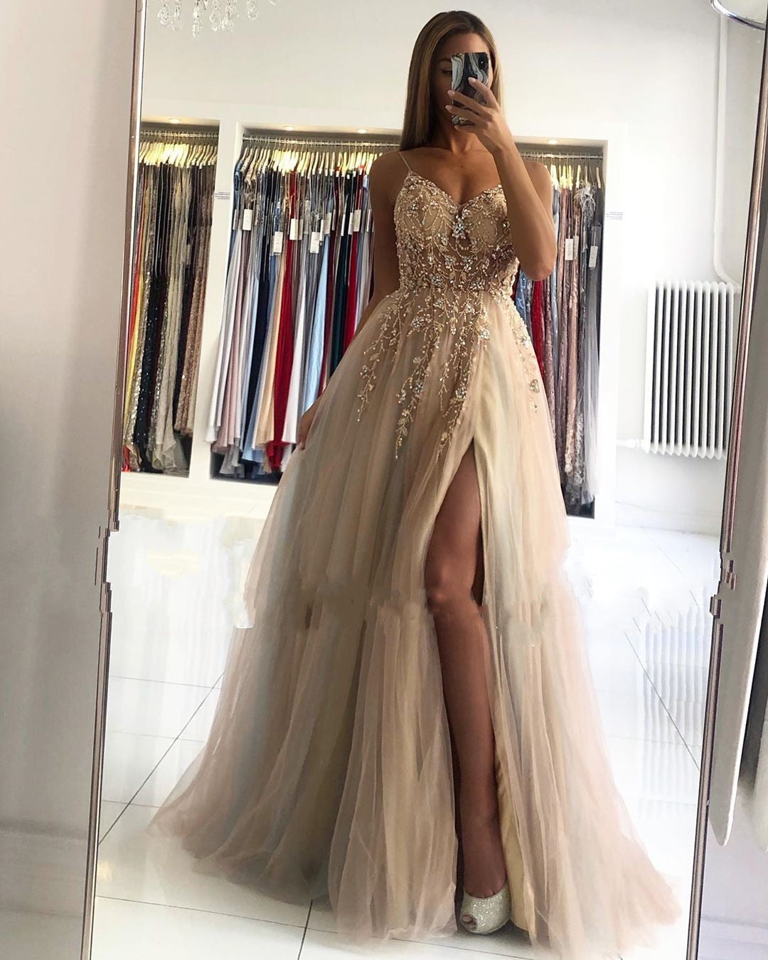 A Line V Neck Champagne Prom Dresses Beading Spaghetti Straps Custom Color / Custom Size A Line V Neck Champagne Prom Dresses Beading Spaghetti Straps Custom Color / Custom Size