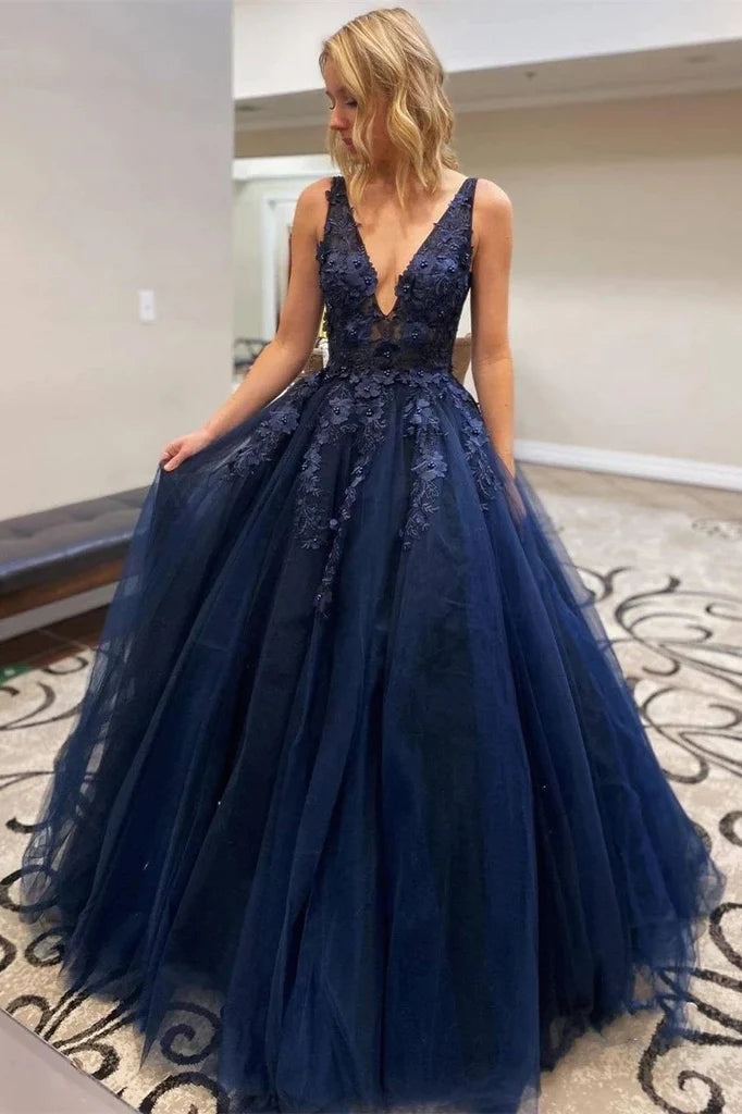 A-Line V Neck Navy Blue Lace Prom Dresses Appliques Evening Dress Long MyChicDress A-Line V Neck Navy Blue Lace Prom Dresses Appliques Evening Dress Long MyChicDress