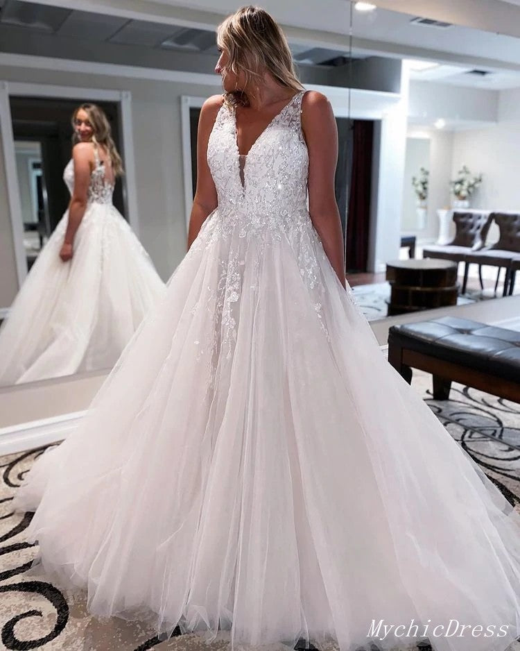 A Line V Neck Sleeveless Lace Sequin Wedding Dresses Beach Bridal