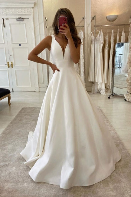 A Line V Neck Sleeveless Satin Wedding Dresses US4 / Custom Color A Line V Neck Sleeveless Satin Wedding Dresses US4 / Custom Color