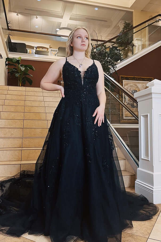 A-Line Plus Size Black Prom Dresses Lace Applique Spaghetti Straps MyChicDress