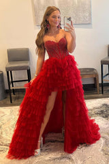 A-Line Red High Low 2024 Prom Dresses Tulle Sweetheart Beaded Tiered Formal Dress