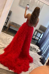 A-Line Red High Low 2024 Prom Dresses Tulle Sweetheart Beaded Tiered Formal Dress