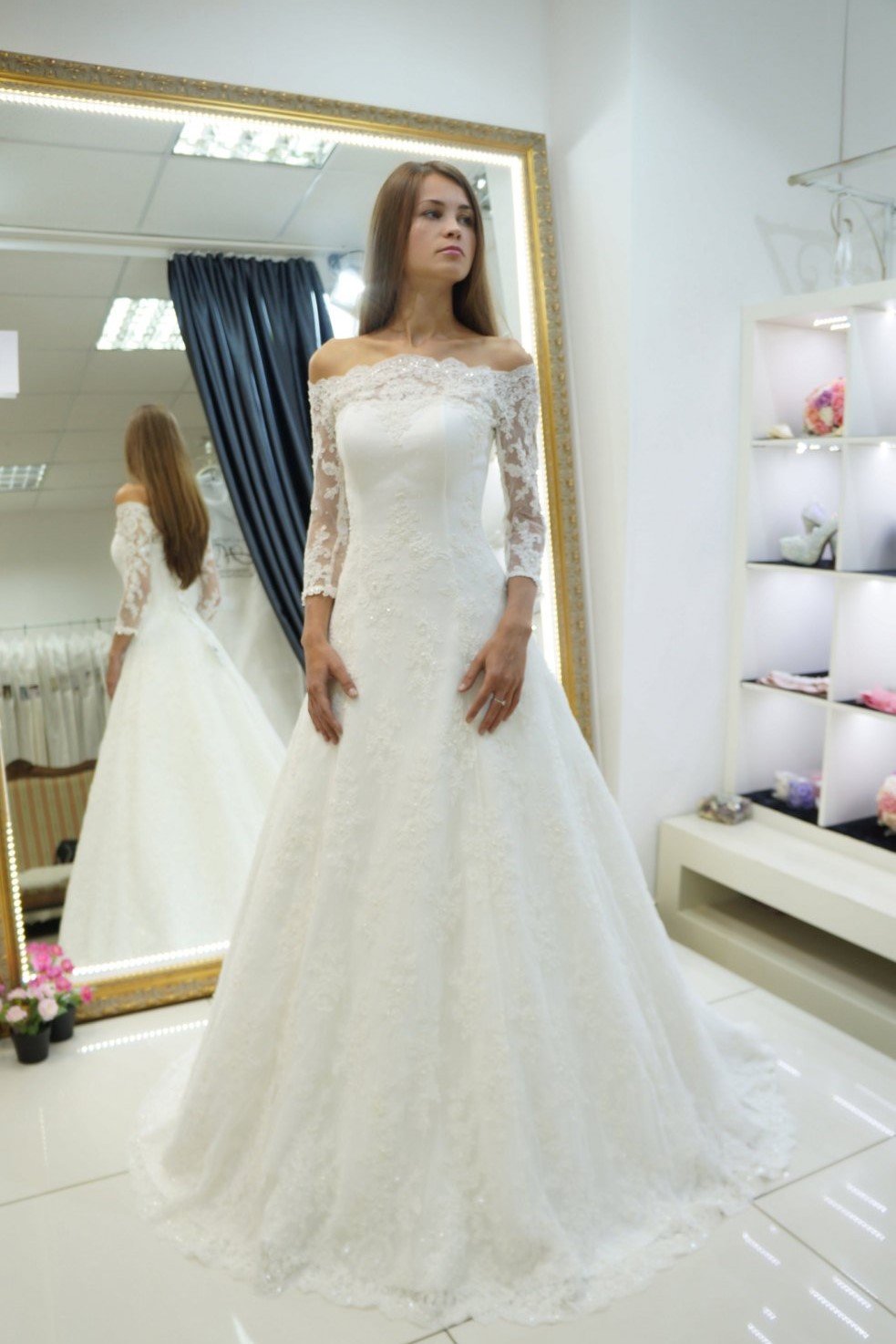 A-Line Lace 3/4 Sleeves Wedding Dresses Off The Shoulder Bridal Gown US12 / Custom Color A-Line Lace 3/4 Sleeves Wedding Dresses Off The Shoulder Bridal Gown US12 / Custom Color