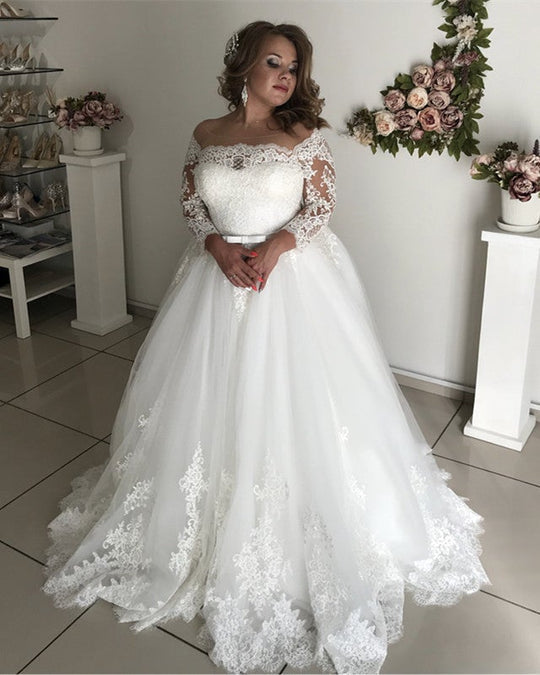A line Lace Long Sleeves Plus Size Wedding Dresses Illusion Tulle Bridal Gown US24W / Ivory A line Lace Long Sleeves Plus Size Wedding Dresses Illusion Tulle Bridal Gown US24W / Ivory