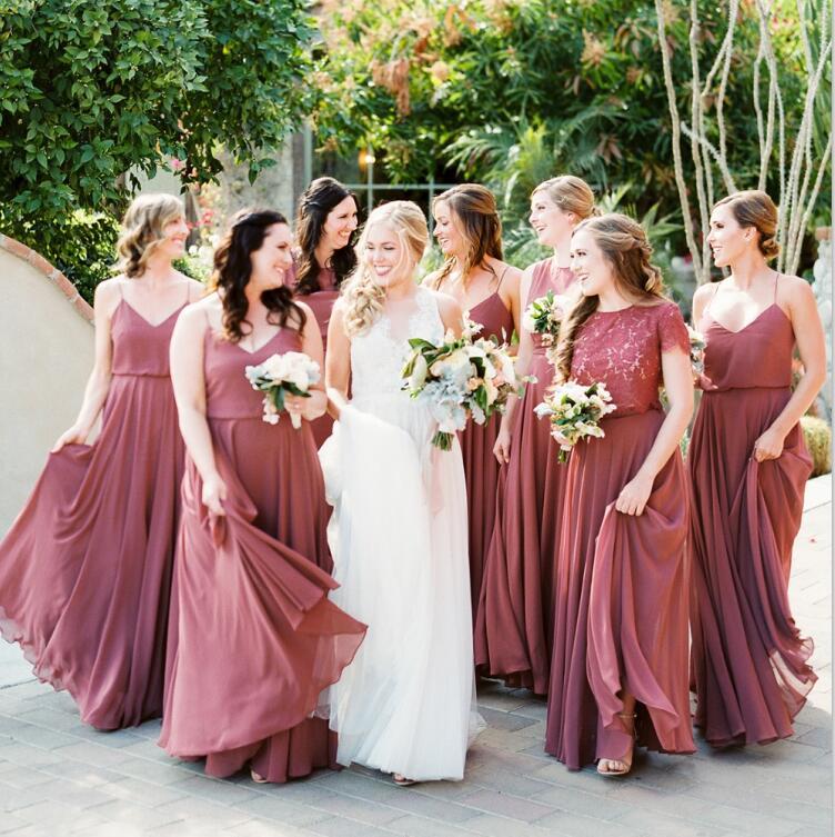 Mismatched Burgundy And Blush Bridesmaid Dresses Burgundy