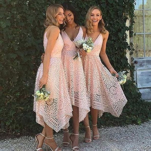 A-line Tea-Length Lace Pink Bridesmaid Dresses Spaghetti-Strap US12 / Same as picture