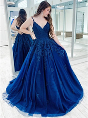 2024 A Line Blue Lace Prom Dresses Long Sleeveless Evening Gown
