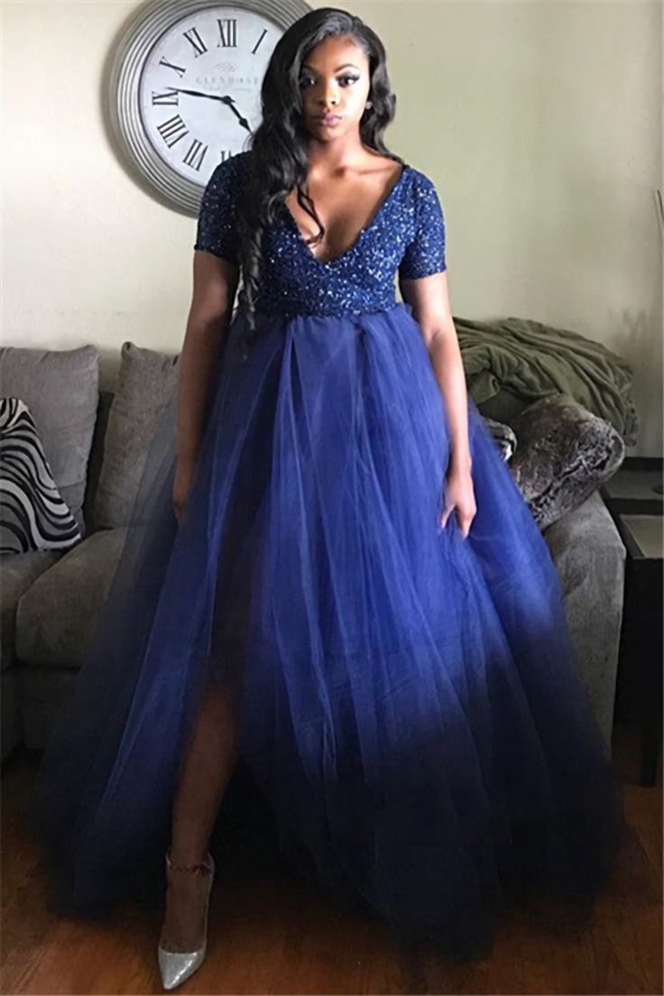 Line Sequin Tulle Plus Size Prom Dresses Blue High Waist Forma MyChicDress