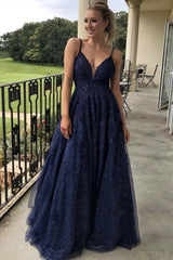 2024 Lace Navy Blue Prom Dresses with Sequins Formal Graduation Dresses
