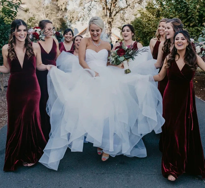 Affordable Winter Burgundy Velvet Bridesmaid Dresses UK V Neck
