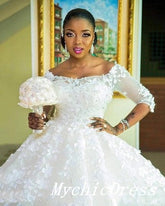 African Wedding Dresses Lace Half Sleeves Applique Ball Gown Bridal Gowns MyChicDress