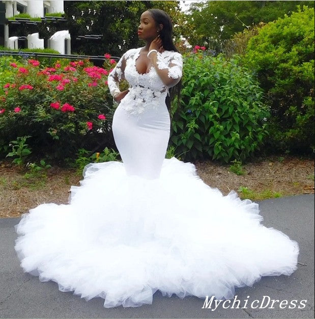 African White Mermaid Wedding Dresses Long Sleeve Lace Bridal Gown MyChicDress African White Mermaid Wedding Dresses Long Sleeve Lace Bridal Gown MyChicDress