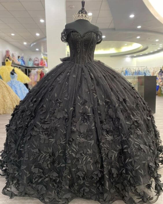 15 dresses black Ball Gown Black Quinceañera Dress Off the Shoulder Wedding Dress Gothic US16W / Custom Color