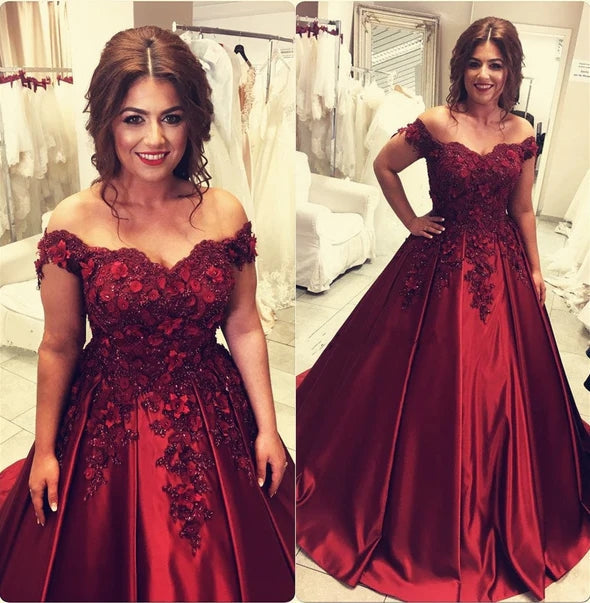 Ball Gown Burgundy Satin Wedding Dresses Off the Shoulder Bridal