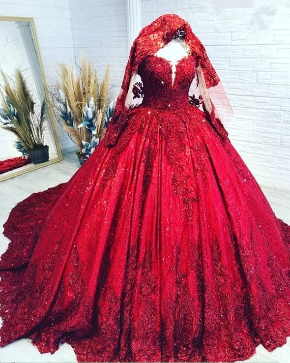 Ball Gown Long Sleeves Sequins Lace Red Wedding Dress Gliter Quinceanera Dress US4 / Custom Color Ball Gown Long Sleeves Sequins Lace Red Wedding Dress Gliter Quinceanera Dress US4 / Custom Color