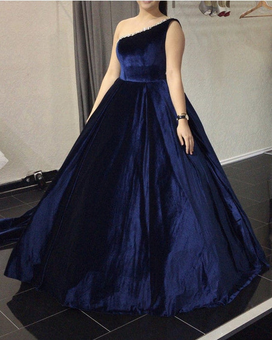 Ball Gown One Shoulder Velvet Navy Plus Size Prom Dresses with Beaded Navy Blue / US22W Ball Gown One Shoulder Velvet Navy Plus Size Prom Dresses with Beaded Navy Blue / US22W