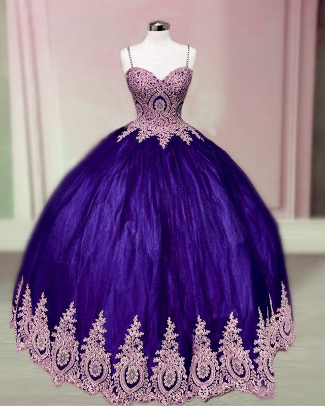 royal purple quince dress Ball Gown Purple Quinceanera Dresses Lace Applique Sweet 16 Dress US14 / Purple