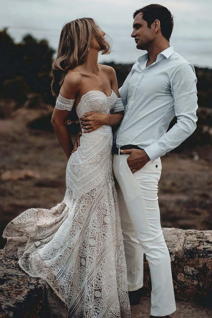 Beach Ivory Lace Wedding Dresses Long Mermaid Bridal Gown US8 / White Beach Ivory Lace Wedding Dresses Long Mermaid Bridal Gown US8 / White