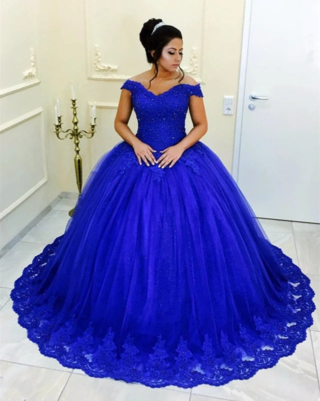 Best Royal Blue Quinceanera Dresses Beaded Lace Off Shoulder Sweet