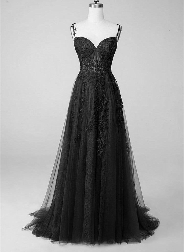Black A-line 2025 Prom Dress Lace Applique Sweetheart Tulle Evening Dress UK Custom Color / US6 Black A-line 2025 Prom Dress Lace Applique Sweetheart Tulle Evening Dress UK Custom Color / US6