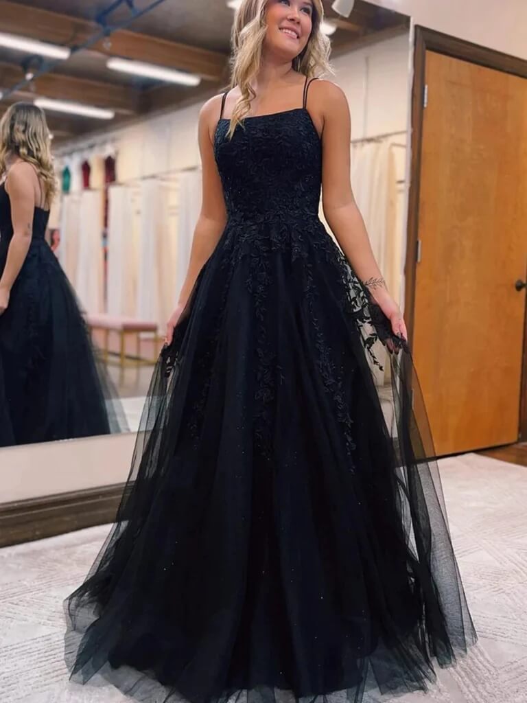 Prom Dress Black Spaghetti Straps Sleeveless A-line Tulle Long 2025 Prom Dress Black Spaghetti Straps Sleeveless A-line Tulle Long 2025