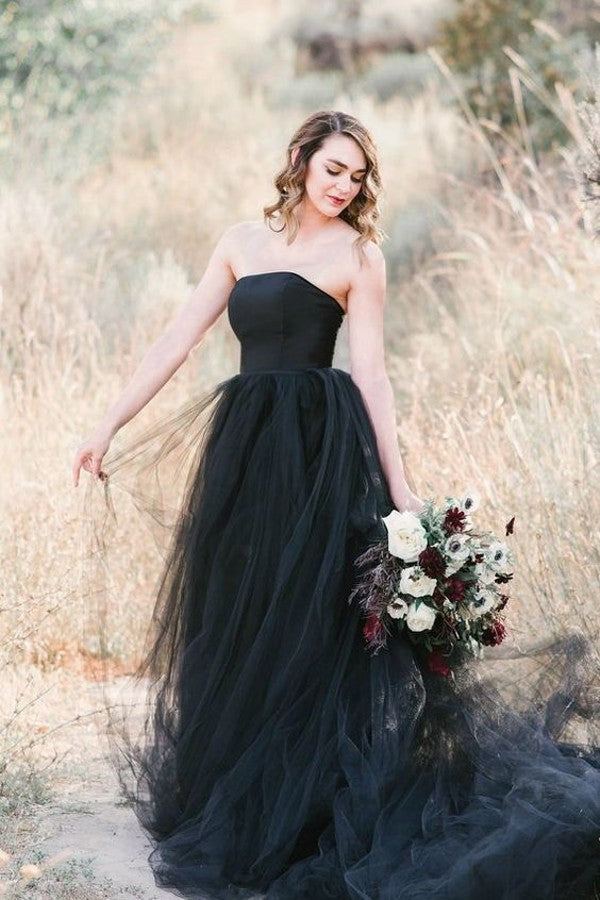 Black Wedding Dresses UK Strapless with Detachable Train – MyChicDress